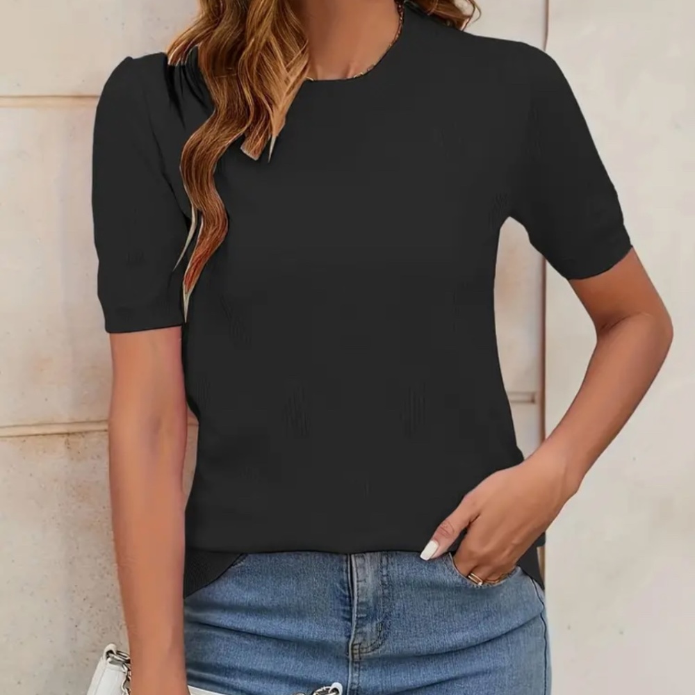 Textured Knitted Pullover Top, Casual Crew Neck Short Sleeve Top